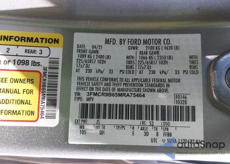 2021 Ford Bronco Sport Big Bend из США, поврежденный, VIN 3FMCR9B65MRA75464